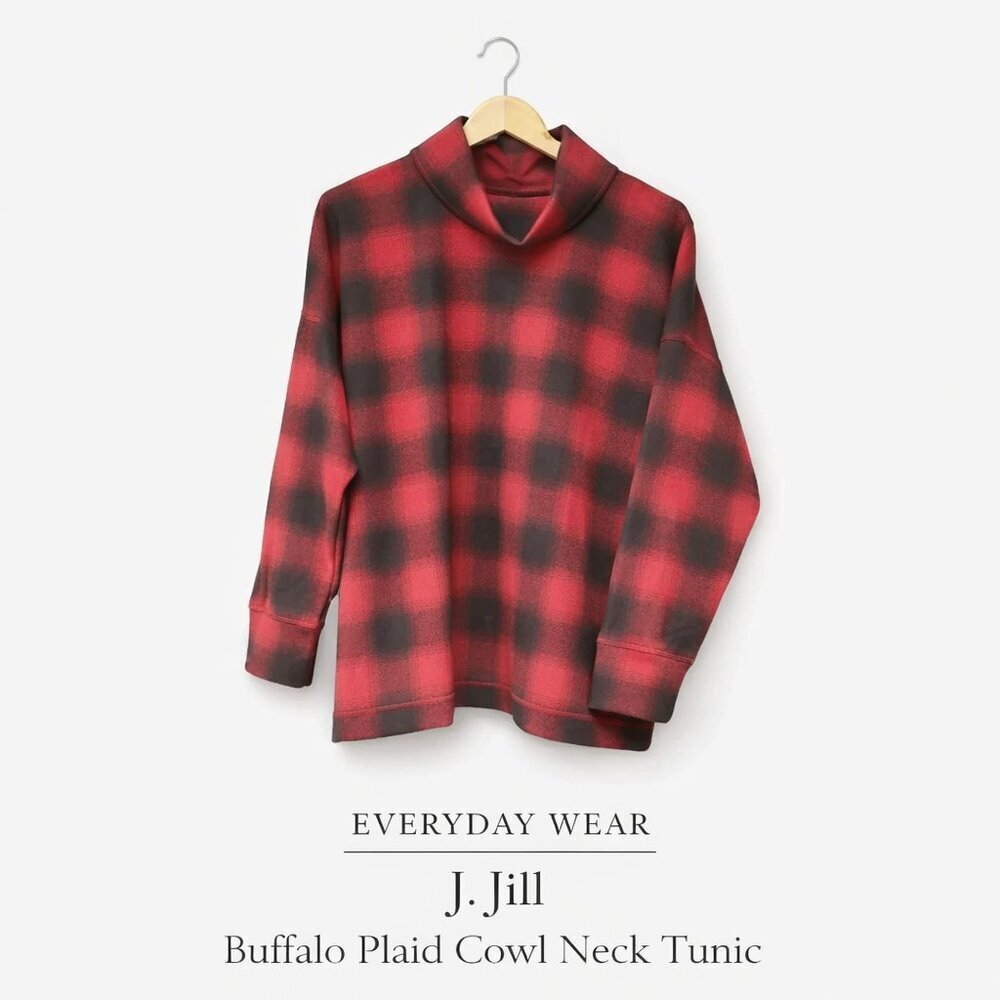 J. Jill FIT Buffalo Plaid Tunic Pullover Cowl Neck Red Black Size XL